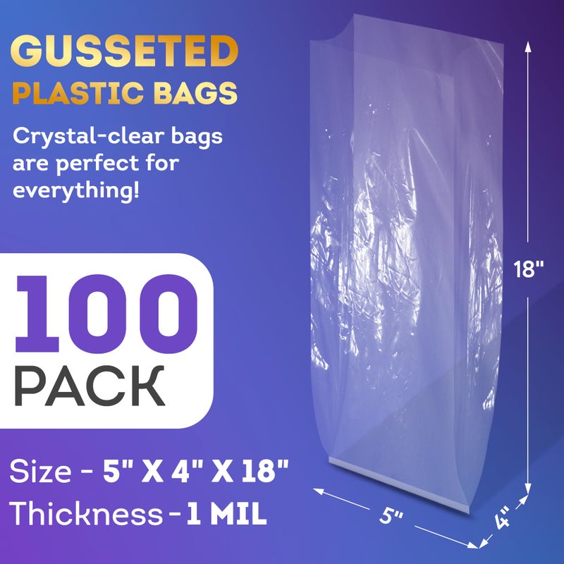 APQ Supply APQ Clear Gusseted Poly Bags, 5 x 4 x 18 Inch. Pack of 100 Gusseted Plastic Bags 1 Mil Thick for Favors with Open Top. Clear Plastic Bags for Packaging Cookies, Popcorn, Candies, Homemade Bread - Image 2